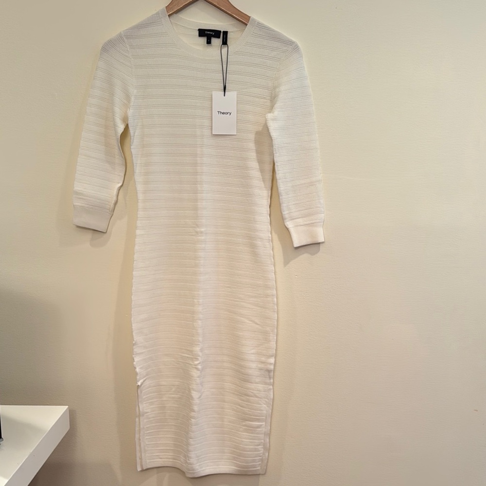 Theory White Sheath Dress with 3/4 Cuffed Sleeves